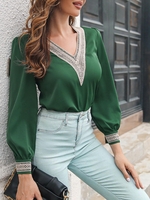 Chiffon V Neck Lace Casual Blouse S Deep green