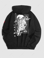 Chinese Characters and Tiger Print Pullover Hoodie L Black
