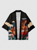Chinese Characters Cow Pattern Open Front Kimono M Black