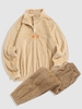 Chinese Characters Embroider Quater Button Fluffy Teddy Sweatshirt and Beam Feet Pants Set Light coffee