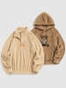 Chinese Characters Embroider Quater Button Fluffy Teddy Sweatshirt with Bear Terry Embroidered Pullover Fluffy Teddy Hoodie Light coffee