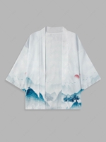 Chinese Painting Print Short Sleeve Kimono Xl White