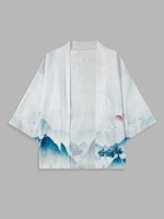 Chinese Painting Print Short Sleeve Kimono Xxl White
