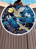 Chinese Style Crane and Sea Waves Print Tassel Decor Beach Towel