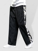 Chinese Style Crane Printed Drawstring Casual Pants L Black