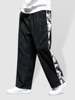 Chinese Style Crane Printed Drawstring Casual Pants L Black