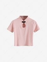 Chinese Style Frog Button Ribbed Keyhole T Shirt M Light pink
