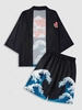 Chinese Style Sea Wave Print Kimono and Drawstring Shorts Multi a