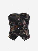 Chinoiserie Dragon Phoenix Jacquard Lace Up Corset Style Top L Black