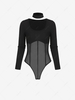 Choker Ribbed Sheer Mesh Panel Long Sleeve Bodysuit L Black