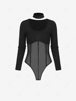 Choker Ribbed Sheer Mesh Panel Long Sleeve Bodysuit L Black