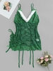 Christmas Bow Decor Fuzzy Trim Lace Up Back Lingerie Basque Babydoll with T-String Xl Green