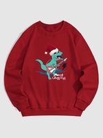 Christmas Cartoon Dinosaur Guitar Pattern Fleece-lined Sweatshirt L Red