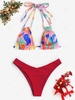 Christmas Colorblock Strappy Frilled High Leg Bikini Swimwear Red