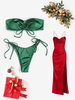 Christmas Costume Cinched Silky Bandeau Bikini with Satin Lace Up Slit Corset Dress Green
