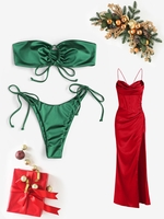 Christmas Costume Cinched Silky Bandeau Bikini with Satin Lace Up Slit Corset Dress Green