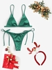 Christmas Costume Shiny Silky Tie Side Bikini with Metallic Elk Design Faux Fur Headband Green