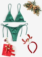 Christmas Costume Shiny Silky Tie Side Bikini with Metallic Elk Design Faux Fur Headband Green