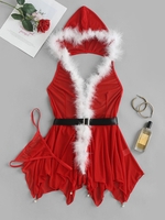 Christmas Feather Trim Belt Jagged Hem Hooded Babydoll with T-String L Red