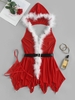 Christmas Feather Trim Belt Jagged Hem Hooded Babydoll with T-String Xl Red