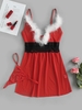 Christmas Feather Trim Lingerie Basque Babydoll with T-String Xl Red