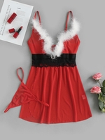 Christmas Feather Trim Lingerie Basque Babydoll with T-String Xl Red