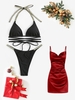 Christmas Floss Ribbed Bikini Swimwear and Mini Slip Dress Set Black