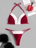 Christmas Fuzzy Velvet Pompom Bralette Set M Red