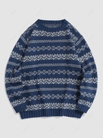 Christmas Gift Geometric Jacquard Crew Neck Pullover Sweater L Deep blue