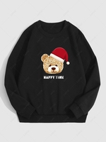 Christmas Hat Bear Letter Graphic Printed Thermal Lined Sweatshirt L Black