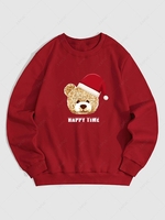 Christmas Hat Bear Letter Graphic Printed Thermal Lined Sweatshirt L Red