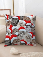 Christmas Hat Cat Print Plush Pillowcase