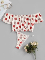 Christmas Off The Shoulder Snowflake Gift Graphic Top and Panty Set M White