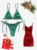 Christmas Shiny Silky Tie Side Bikini with 90s Sheeny Draped Slip Cocktail Dress Green