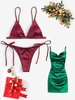 Christmas Shiny Silky Tie Side Bikini with 90s Sheeny Draped Slip Cocktail Dress Red