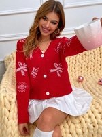 Christmas Snowflake Bowknot Graphic Cardigan L Red