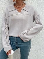 Collared Openwork Detail Slouchy Sweater M Light gray