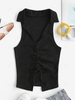 Collared Rib-knit Racerback Cinched Ruched Tank Top L Black