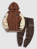 College Style Letter Embroider Colorblock Fleece-lined Hoodie with Polar Fleece Sweatpants Set Multi a