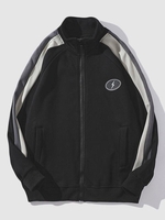 Color Block Applique Zip Up Fleece Jacket M Black