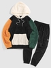 Color Block Fluffy Fleece Hoodie With Techwear Letter Jogger Cargo Pants Streetwear Two Piece Set Black