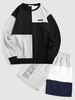Color Block Letters Applique Sweatshirt and Drawstring Sweat Shorts Tracksuit Sports Set Black
