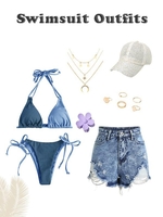 Color Block String Bikini Set Ripped Denim Shorts Beach Vacation Swimwear Outfits Blue