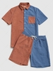 Color Block Two Tone Pocket Corduroy Shirt and Shorts Set S Blue