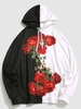 Color Block Two Tone Rose Flowers Print Streetwear Drawstring Hoodie S
