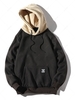 Color-blocking Letter Patch Detail Pouch Pocket Fleece Hoodie L Black