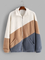 Color Blocking Panel Raglan Sleeve Zip Teddy Fluffy Jacket 2xl Deep yellow