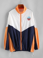 Color Blocking Patched Drawstring Windbreaker Jacket Orange