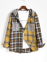 Color Blocking Plaid Long Sleeve Shirt With Corduroy Hood M Yellow