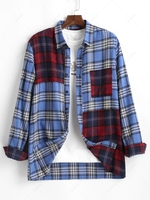 Color Blocking Plaid Print Button Up Pocket Shirt 2xl Blue